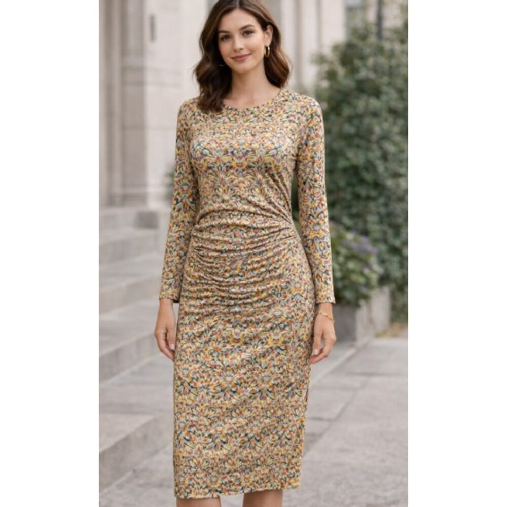 Anthro Bimba & Lola Midi Dress S Abstract Print Ruched Waist Stretch Long Sleeve
